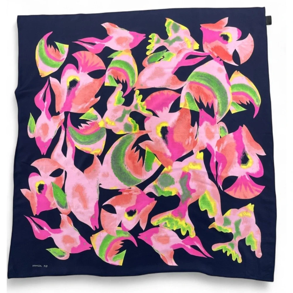 St John Silk Scarf Pink Navy Blue Fish Birds